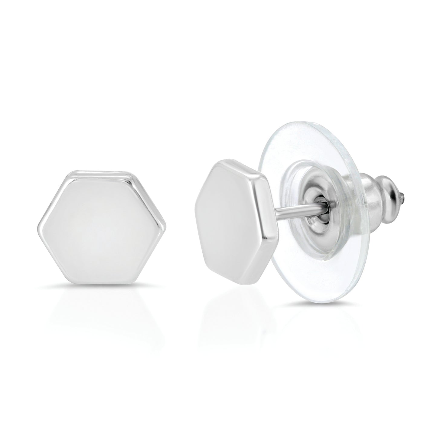 Two silver-colored hexagon stud earrings, one with a clear back, are shown against a white background.