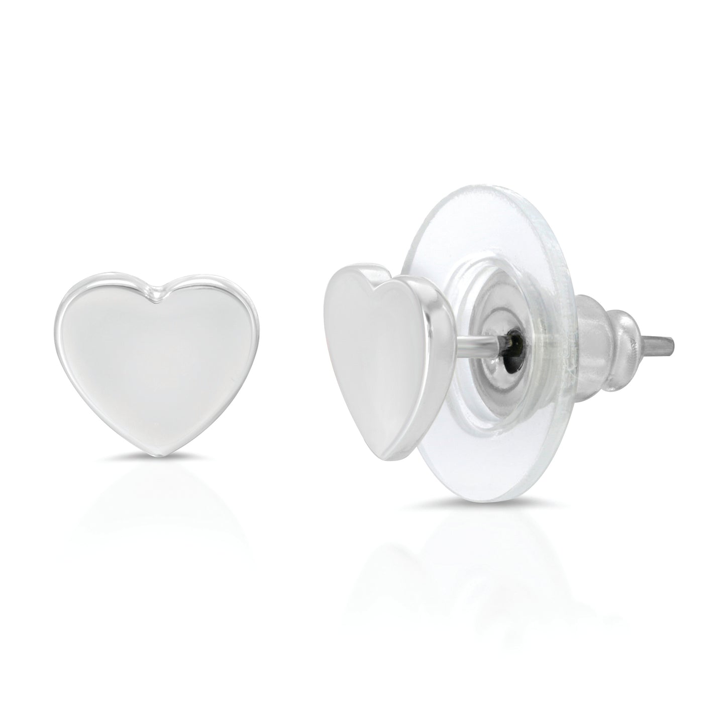 Two silver heart-shaped stud earrings, one showing the front and the other showing the back with a clear plastic and metal backing, are displayed on a white background.