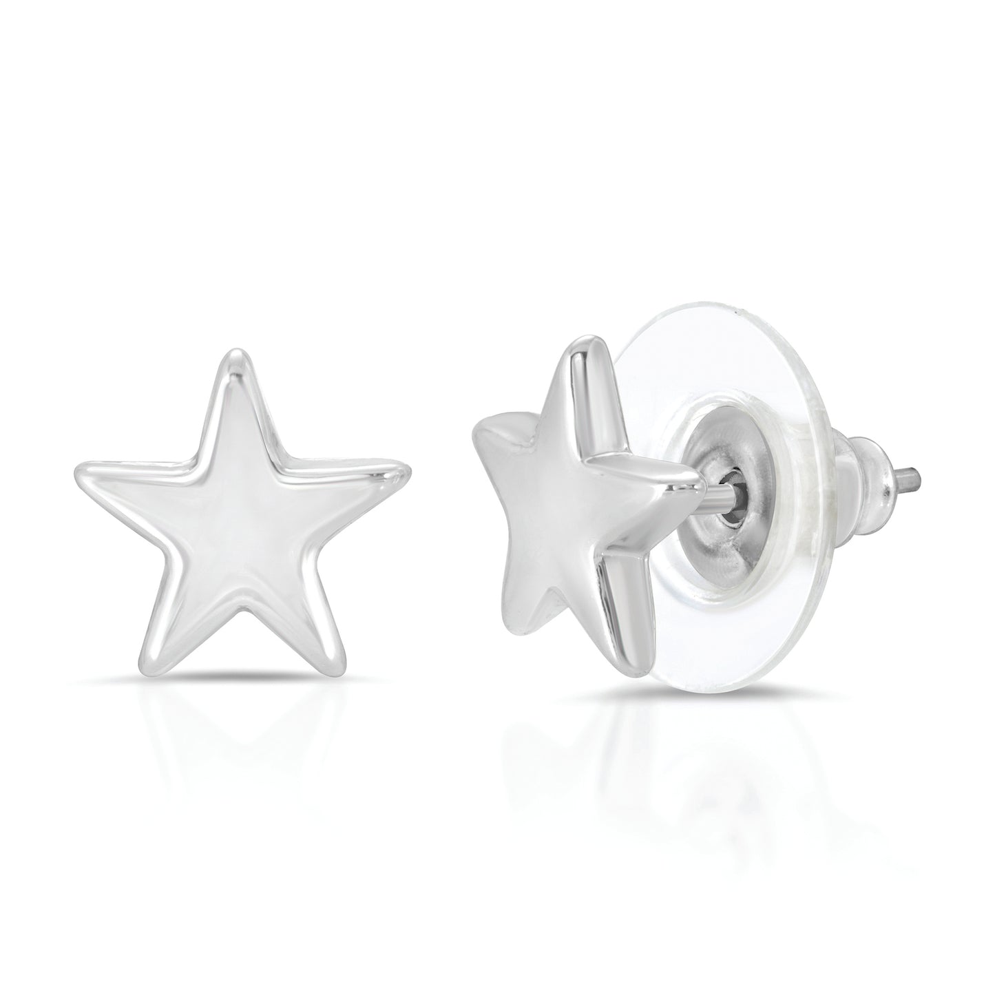 A pair of silver star-shaped stud earrings is displayed against a white background.