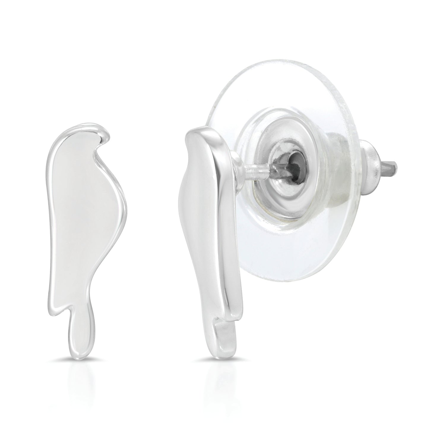 A pair of silver bird-shaped stud earrings are on a white background.