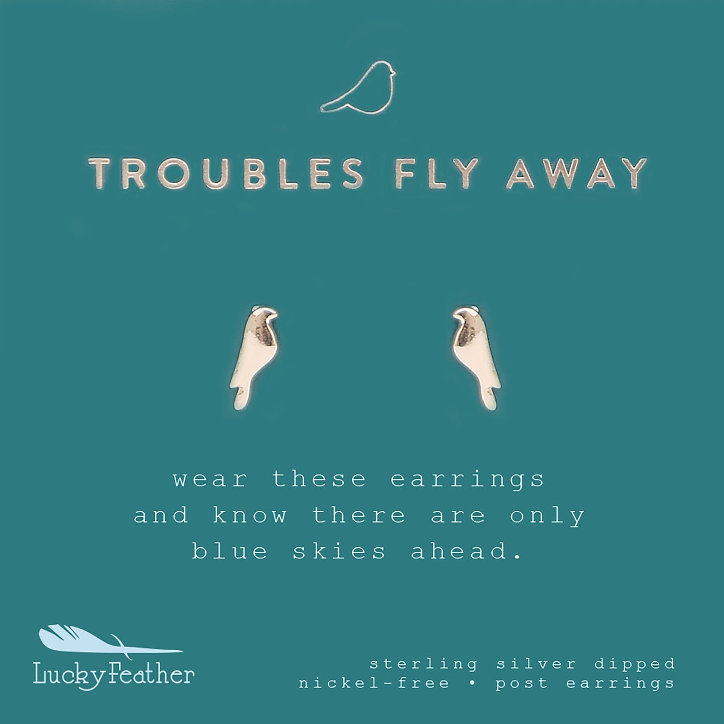 Product image of "Lucky Feather" sterling silver bird post earrings against a teal background.