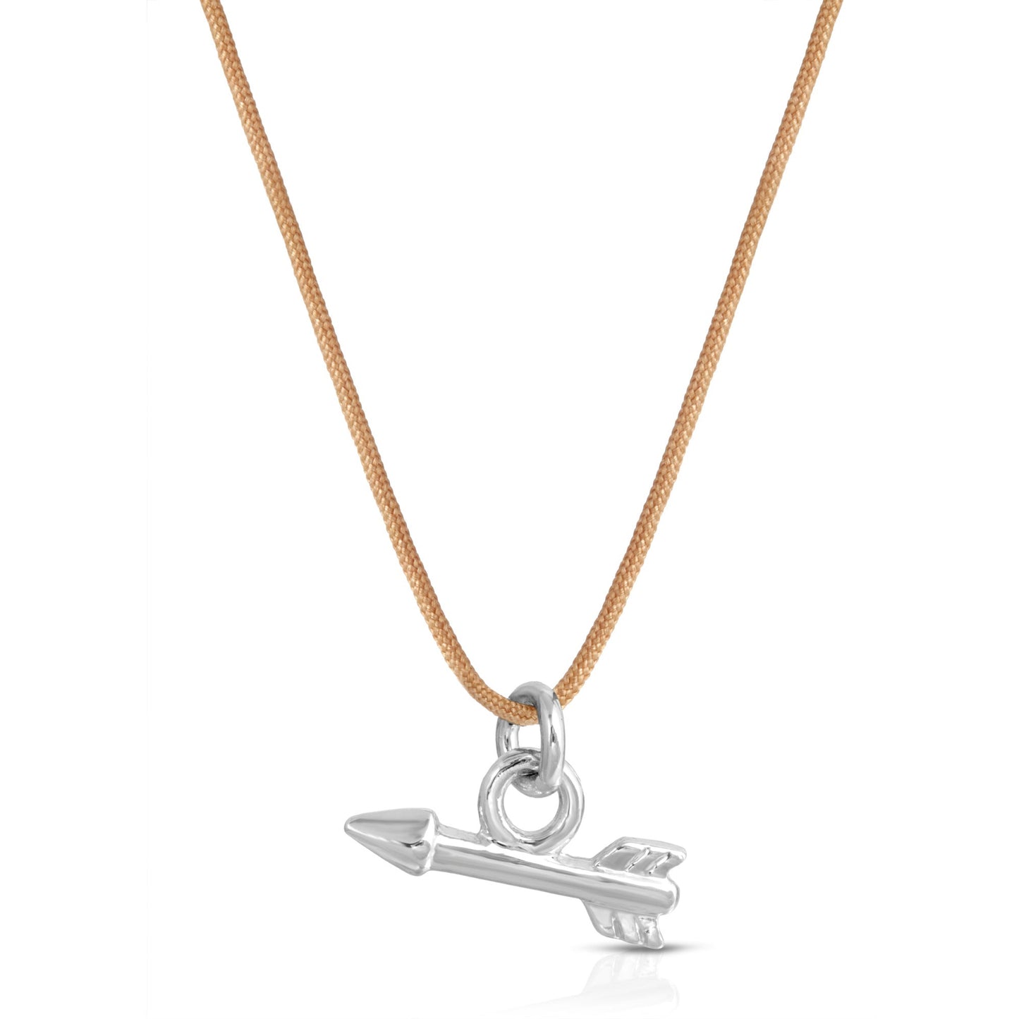 A necklace with a tan cord and a silver arrow pendant.