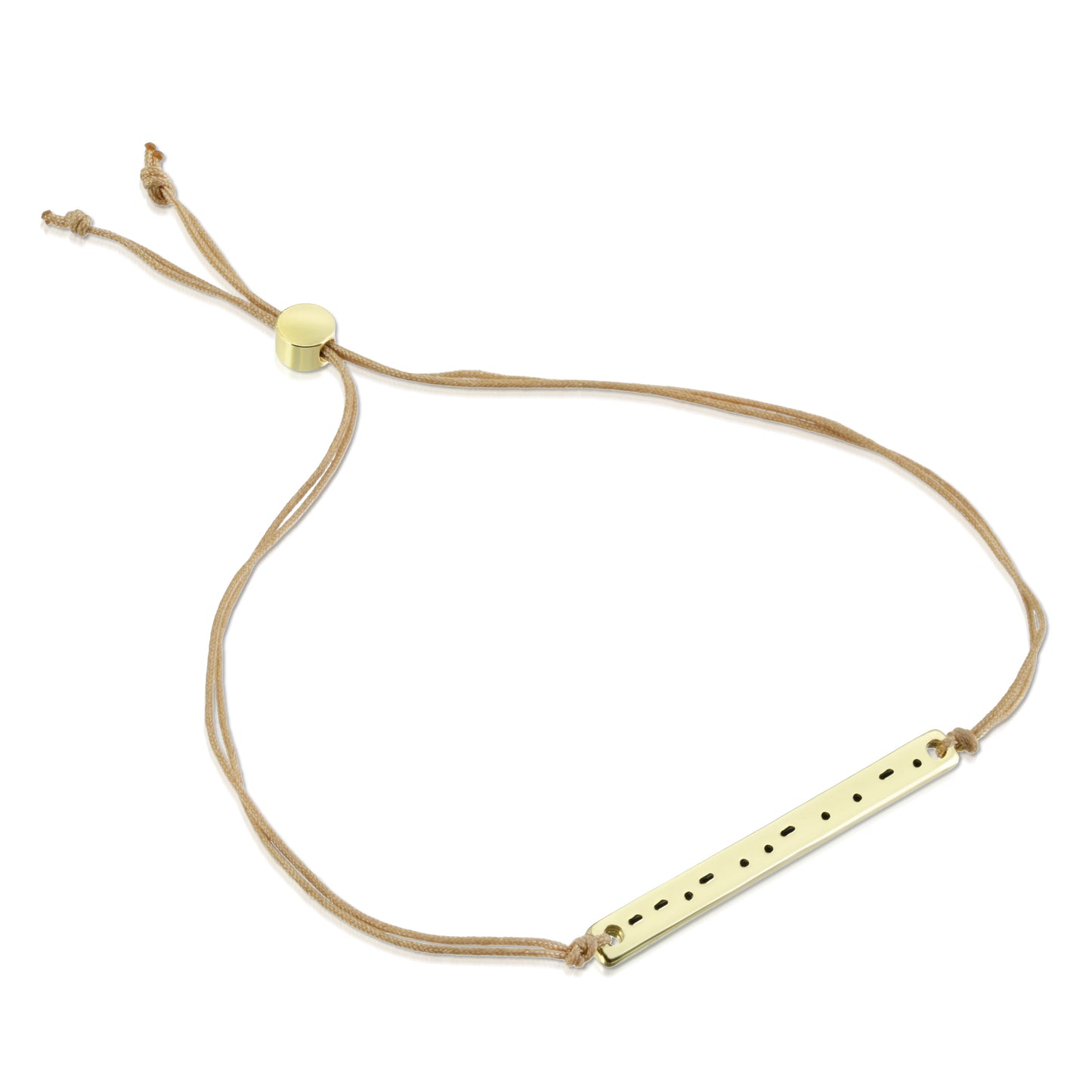 A tan cord bracelet features a gold-colored bar with a pattern of dots and dashes.