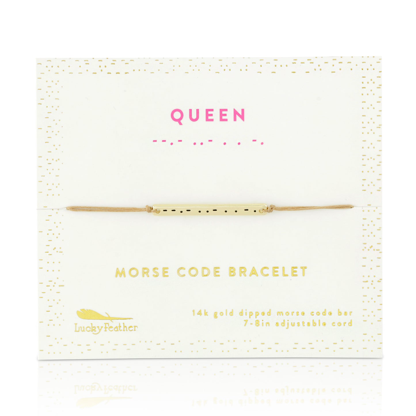 A "Queen" morse code bracelet on a card.