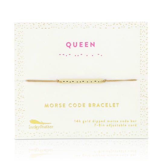 A 'Queen' morse code bracelet on a card.