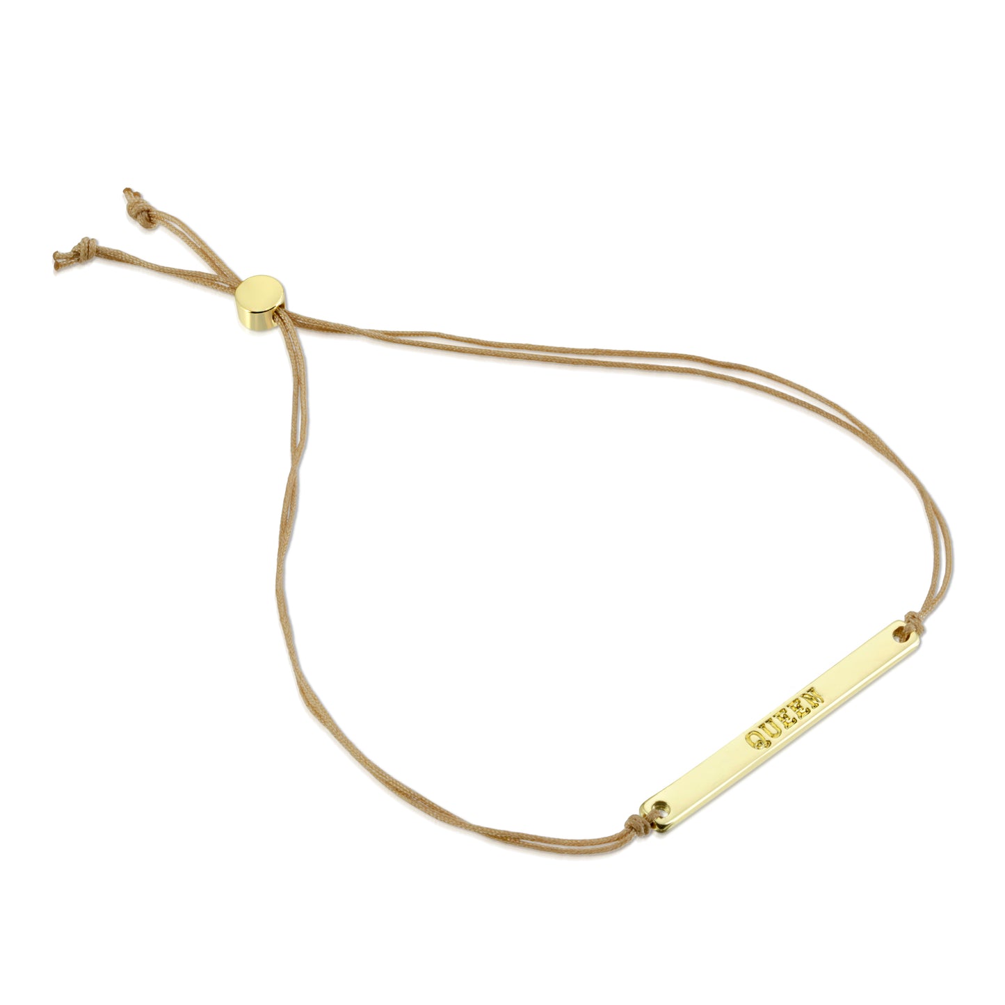 A gold-colored bracelet with the word "QUEEN" engraved on it, attached to a light brown cord.