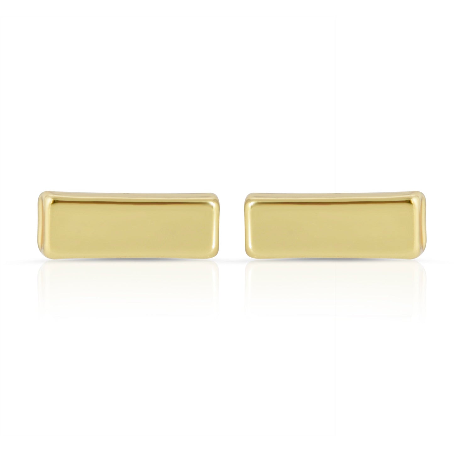 Two gold bar stud earrings against a white background with reflections.