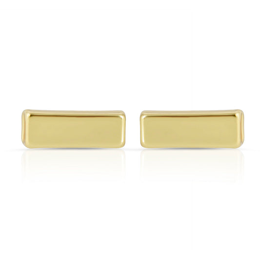 Two gold bar stud earrings against a white background with reflections.