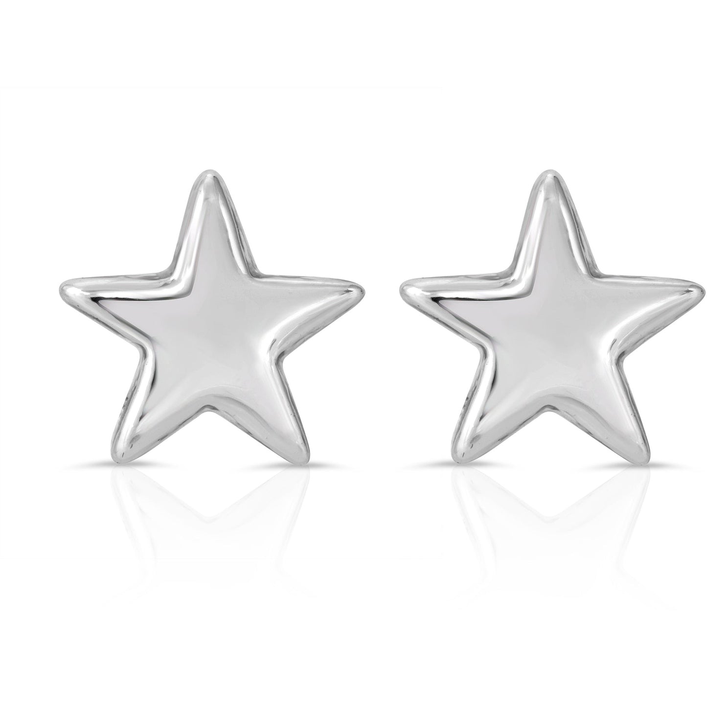 Two silver star stud earrings are displayed on a white background with reflections.
