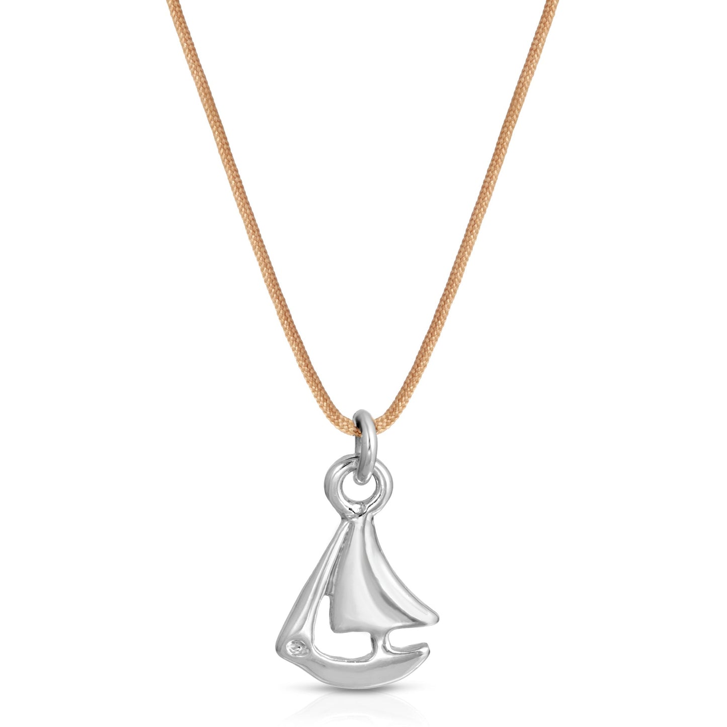 A silver sailboat pendant hangs from a light brown cord necklace.