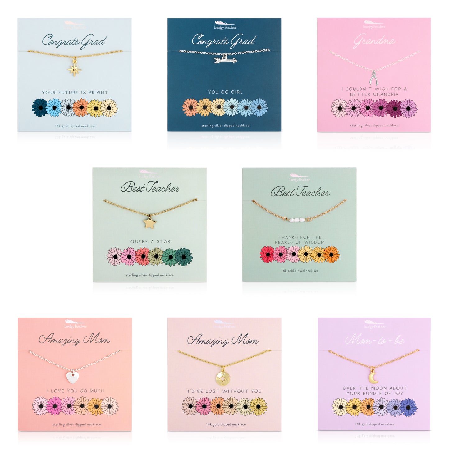 The image shows a collection of seven Lucky Feather necklaces, each displayed on a card with different sentiments such as "Congrats Grad," "Best Teacher," "Amazing Mom," and "Mom-to-be".