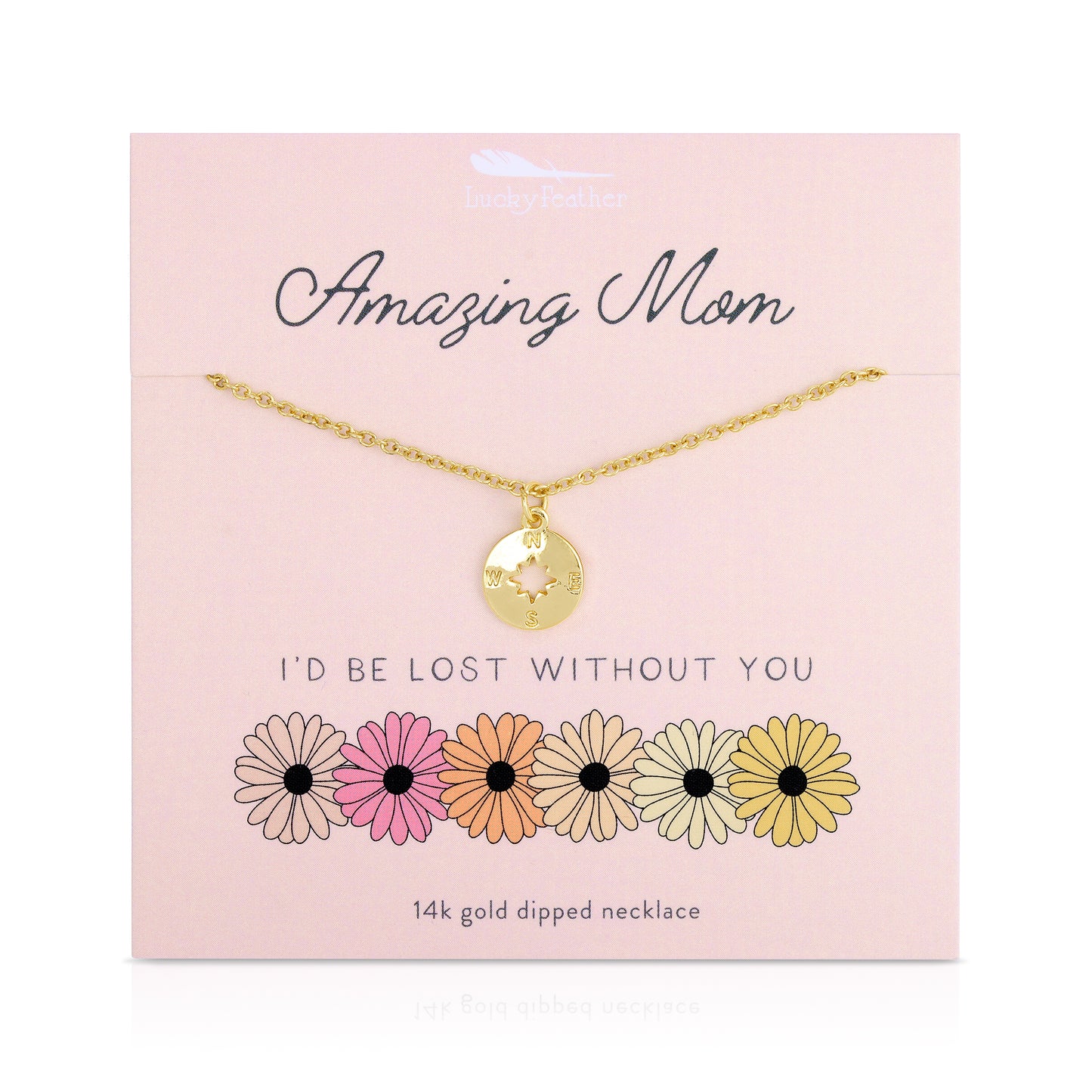 A gold compass necklace on a pink display card with the words "Amazing Mom" and "I'd Be Lost Without You".
