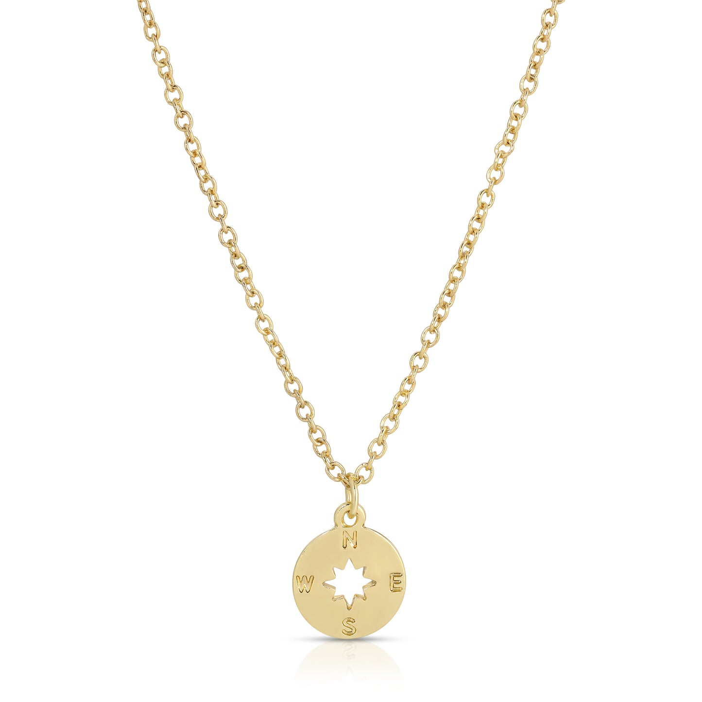 A gold chain necklace with a compass pendant is on a white background.