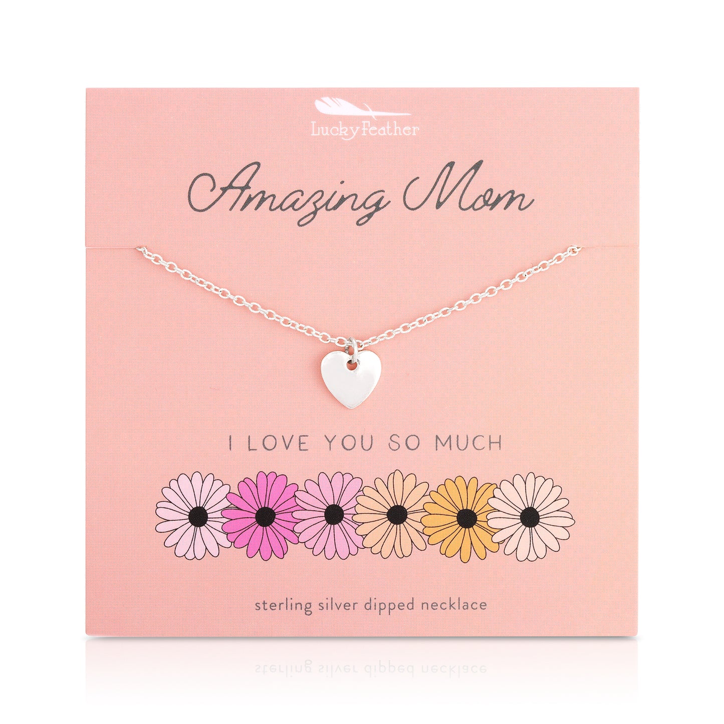 Sterling silver heart necklace displayed on a pink card with floral illustrations.
