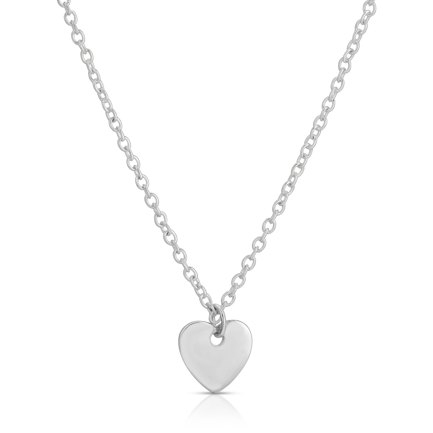 A silver necklace with a heart-shaped pendant.