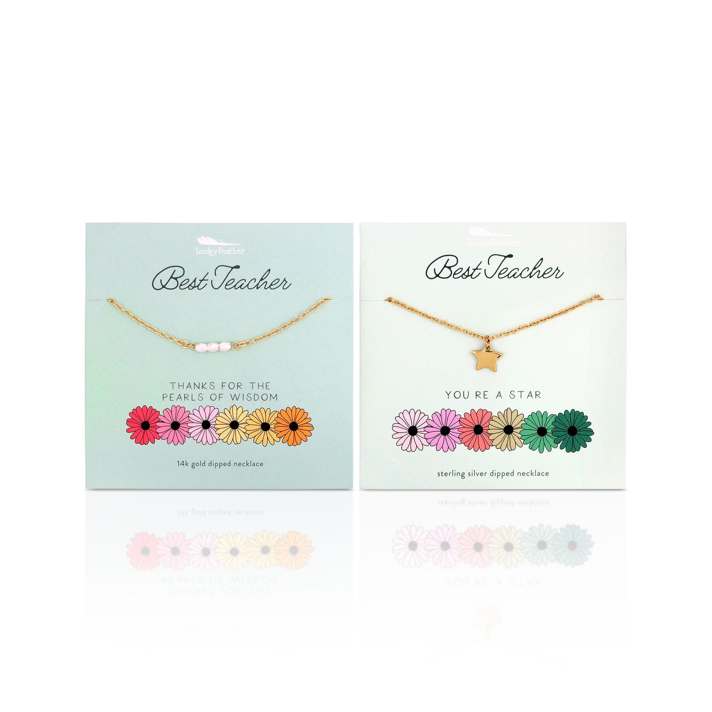 Two "Best Teacher" necklace sets with different designs, pearls and a star, on light blue cards with floral graphics.
