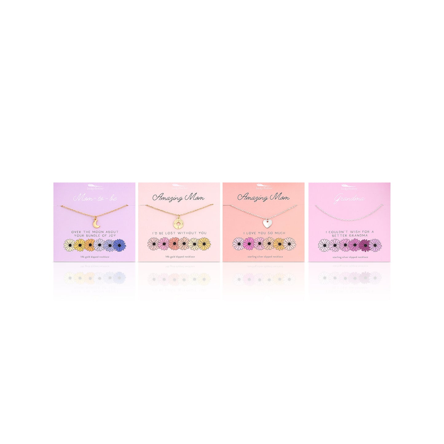 Four packaged necklaces, each with a different sentimental message, are displayed against a white background.