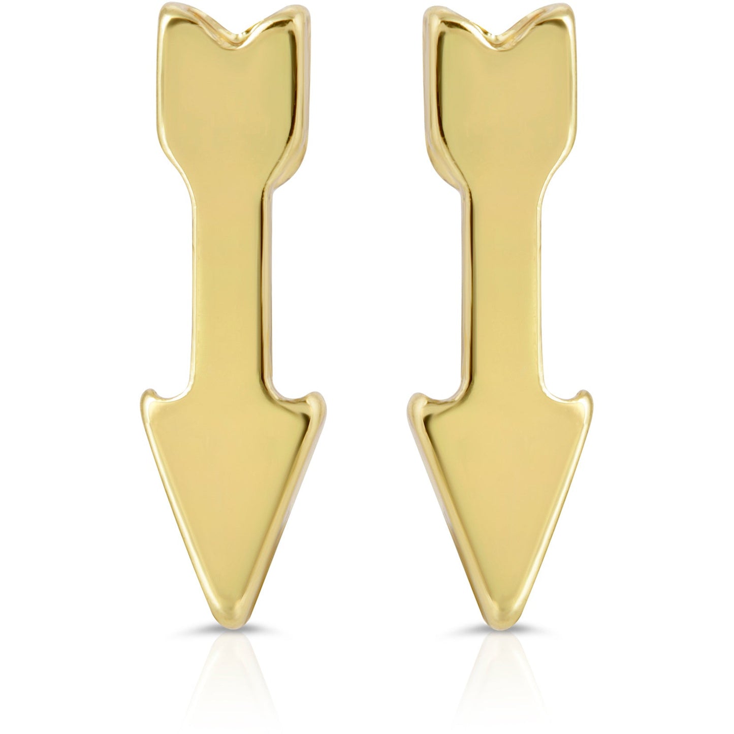 Two gold-colored arrow-shaped objects point downwards against a white background with reflections.