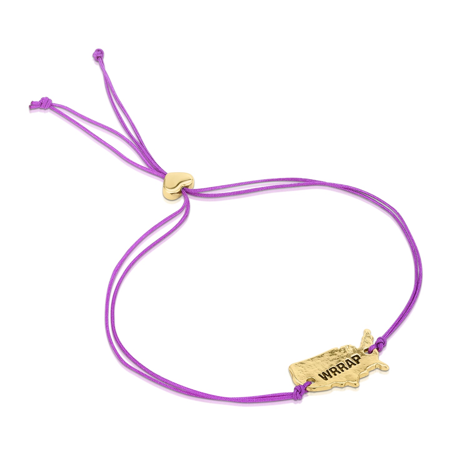 A purple cord bracelet features a gold-colored charm of the United States with "WRRAP" on it.