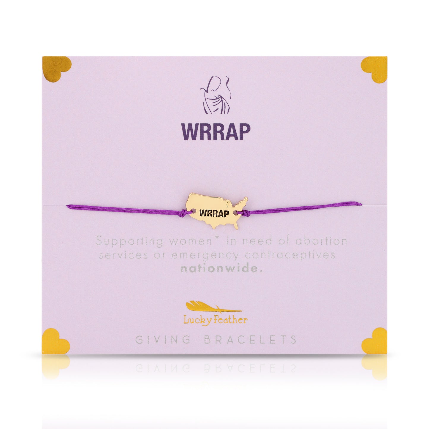 A "WRRAP" bracelet with a United States-shaped charm on a lavender card with text and yellow heart accents.