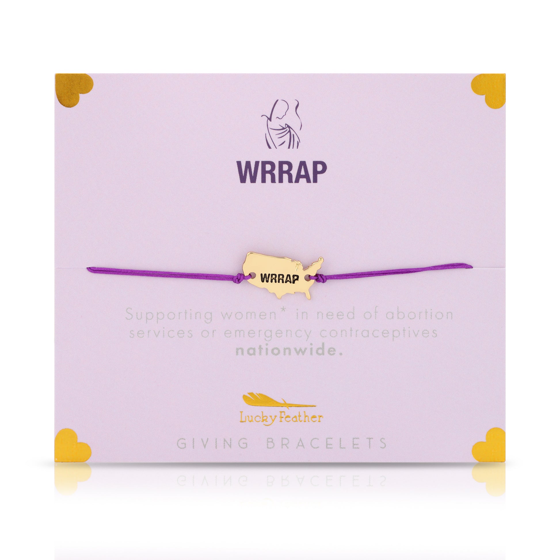 A "WRRAP" bracelet with a United States-shaped charm on a lavender card with text and yellow heart accents.