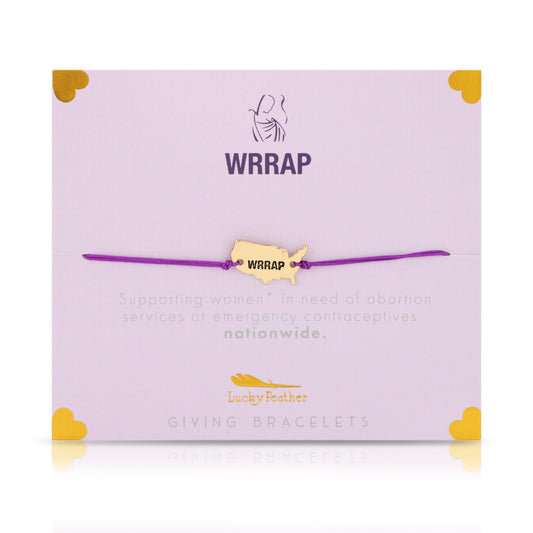 A "WRRAP" bracelet with a United States-shaped charm on a lavender card with text and yellow heart accents.