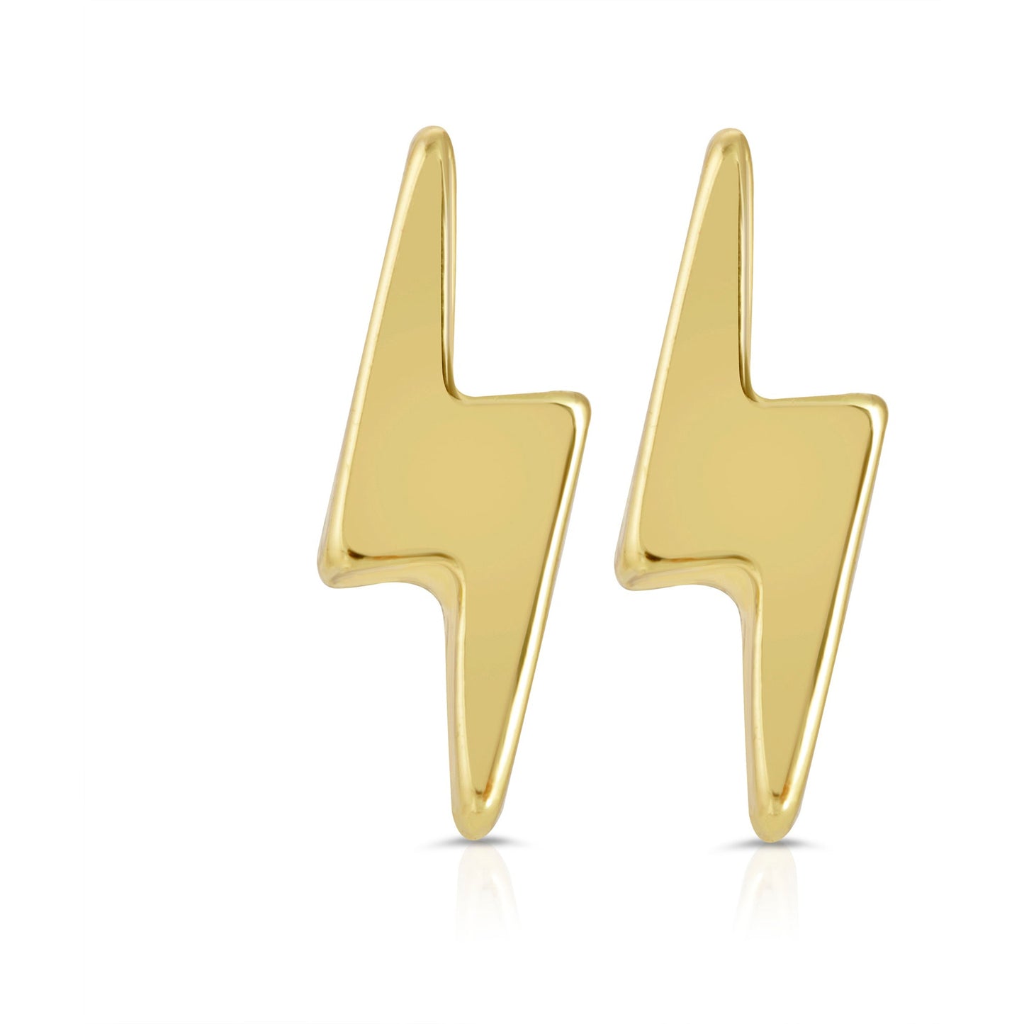 Two gold-colored lightning bolt stud earrings.