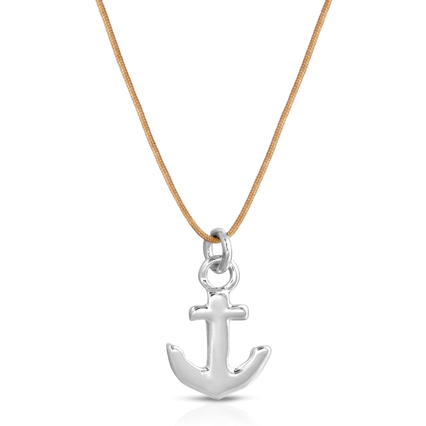 Silver anchor pendant hangs from a light brown cord against a white background.