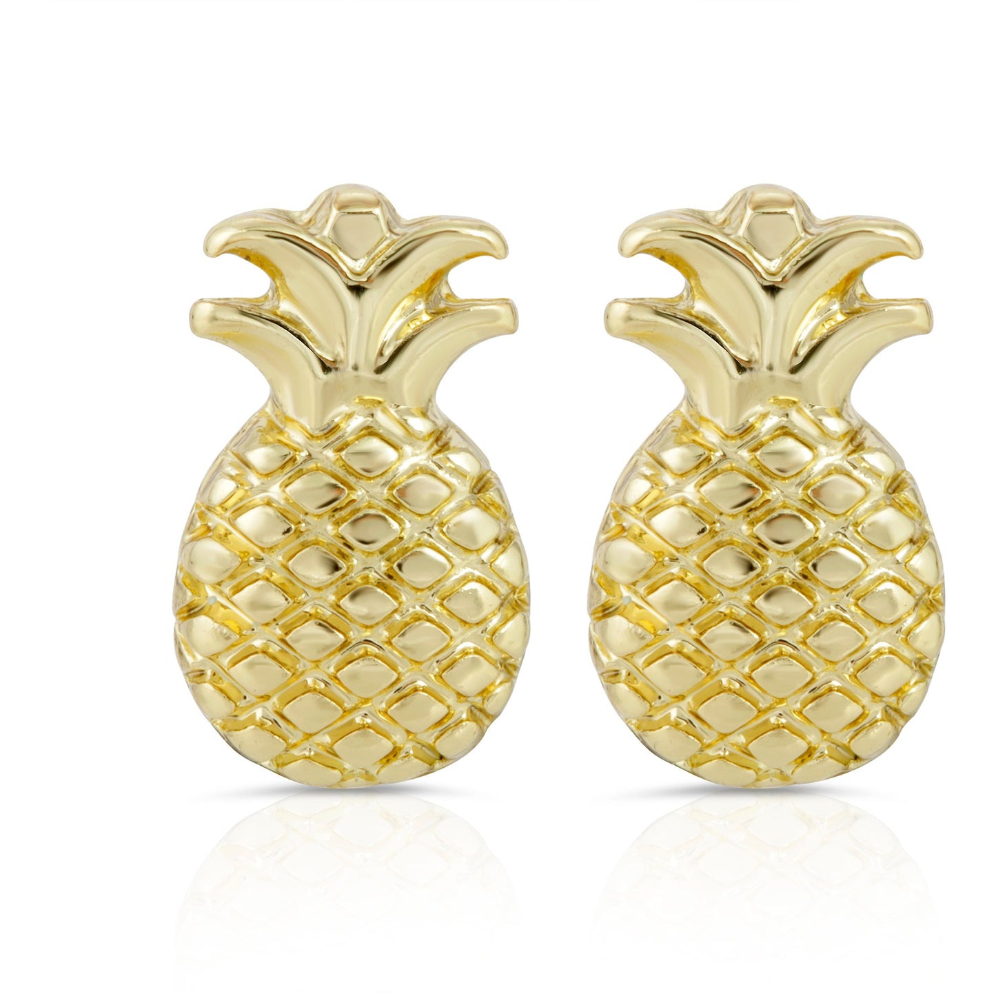 Two gold-colored pineapple-shaped earrings are displayed against a white background.
