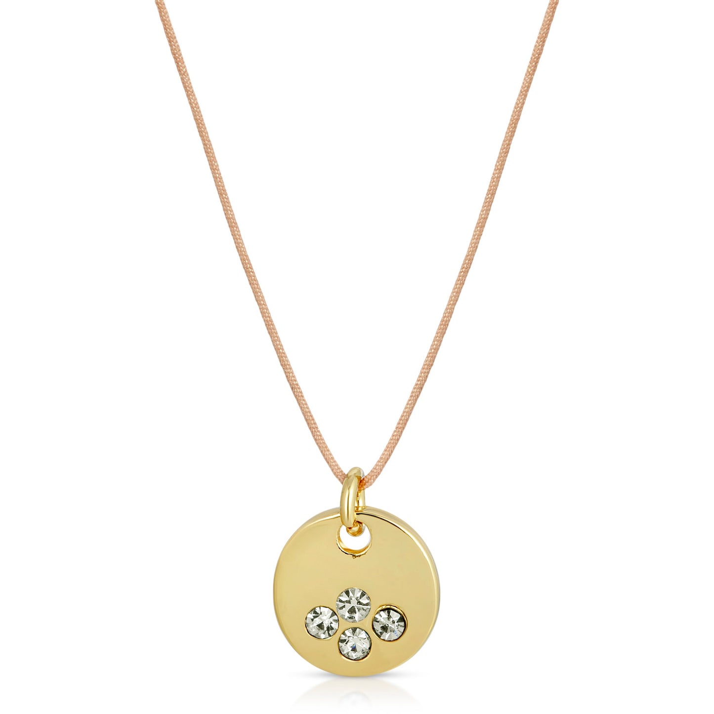 A gold pendant necklace with four embedded crystals.