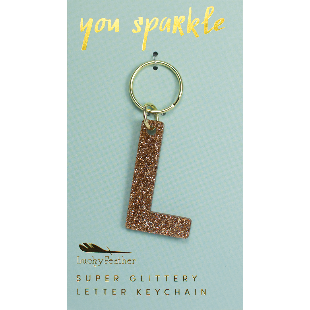 Lucky Feather Glitter Keychain Gifts for Girls and Women, Gold Glitter Acrylic Letter Charm - Flower