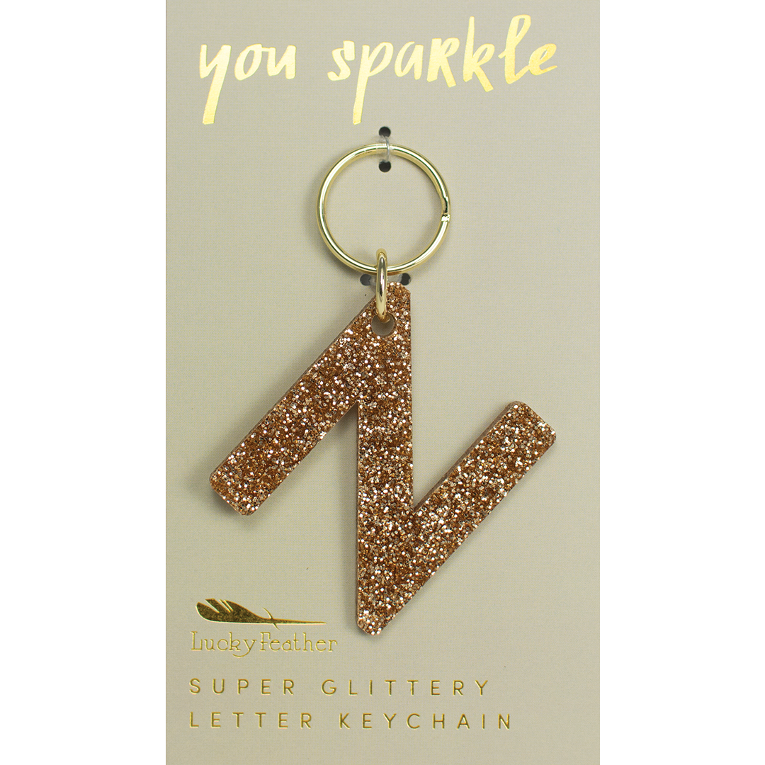 Lucky Feather Glitter Keychain Gifts for Girls and Women, Gold Glitter Acrylic Letter Charm - Flower